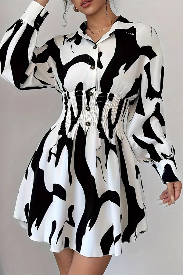 Casual Print Buckle Turndown Collar Shirt Dresses