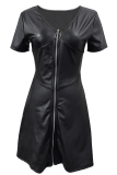 Sexy Solid Color Zipper V Neck A Line Dresses