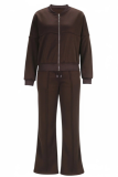 Women's Brown Oversized Bomber Jacket and Wide Leg Pants 2 Piece Casual Tracksuit