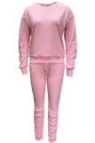 Casual Solid Color Draw String O Neck Long Sleeve Two Pieces