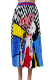Pop Art Print Pleated Midi Skirt Trendy Fashion Half Skir