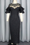 Lace Panel Ruffle Sleeve Dress 3D Pattern Slim Elegant Evening Midi Dress