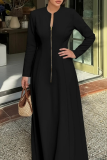 Minimalist Round Neck Zipper Long Sleeve Dress Slim Flare Office Elegant Maxi Dress