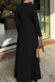 Minimalist Round Neck Zipper Long Sleeve Dress Slim Flare Office Elegant Maxi Dress