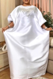 Rhinestone Round Neck Loose Dress Satin Batwing Sleeve Elegant Evening Maxi Dress