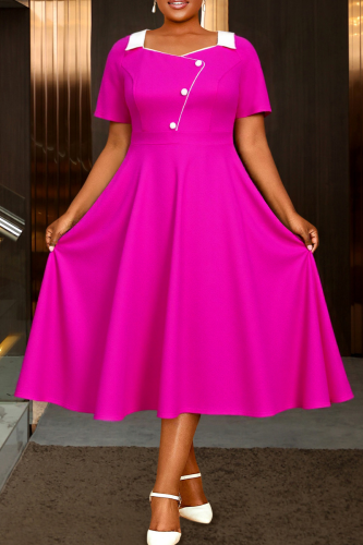 Elegant Solid Color Buckle Turndown Collar Long Plus Size Dresses