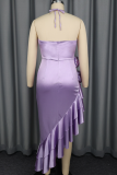 Cross Halter 3D Flower Dress Asymmetric Ruffle Slim Party Midi Dress
