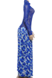 Turtleneck Sheer Dress Printed Maxi Flared Skirt Stylish Vacation Gown