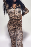 Casual Leopard Print Camouflage Print Zipper Hooded Long Sleeve Two Pieces