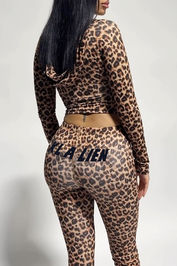 Casual Leopard Print Camouflage Print Zipper Hooded Long Sleeve Two Pieces