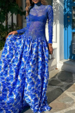 Turtleneck Sheer Dress Printed Maxi Flared Skirt Stylish Vacation Gown
