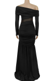 Off Shoulder Mesh Panel Dress Ruched Slit Slim Maxi Elegant Evening Gown