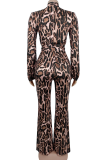 Animal Print Deep V Jumpsuit Waist Tie Long Sleeve Wide Leg Elegant Casual One Piece
