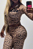Casual Leopard Print Camouflage Print Zipper Hooded Long Sleeve Two Pieces