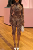 Animal Print Three Piece Set Turtleneck Long Sleeve Top Capri Pants Headscarf Slim Fashion Outfit