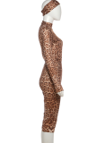 Animal Print Three Piece Set Turtleneck Long Sleeve Top Capri Pants Headscarf Slim Fashion Outfit