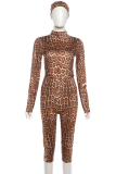 Animal Print Three Piece Set Turtleneck Long Sleeve Top Capri Pants Headscarf Slim Fashion Outfit