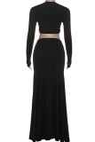 Hollow Out V Neck Two Piece Set Long Sleeve Top Slim Fit Maxi Skirt Sexy Vacation Outfit
