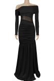 Off Shoulder Mesh Panel Dress Ruched Slit Slim Maxi Elegant Evening Gown