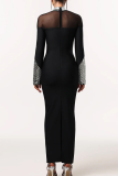 Rhinestone Embellished Turtleneck Mesh Dress Slim Fit Long Sleeve Elegant Maxi Evening Dress