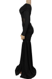 Off Shoulder Mesh Panel Dress Ruched Slit Slim Maxi Elegant Evening Gown
