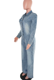Denim Shirt Jumpsuit Loose Wide Leg Long Sleeve Casual Workwear One Piece