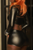 Bandeau Long Sleeve Three Piece Set Leather Crop Top Shorts Stylish Edgy Outfit