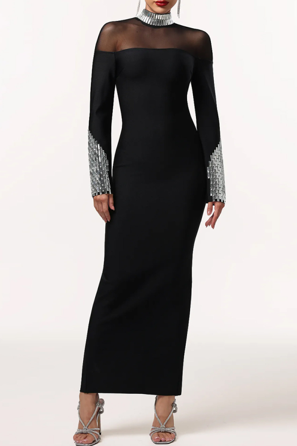 Rhinestone Embellished Turtleneck Mesh Dress Slim Fit Long Sleeve Elegant Maxi Evening Dress