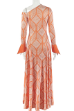Geometric Print Off Shoulder Maxi Dress Flared Sleeve Bodycon Train Dress