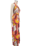 Printed Halter Plunge Jumpsuit Wide Belt Wide Leg Fashion Romper