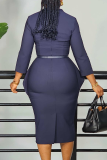 Waist Belt Ruffled Dress Contrast Trim Elegant Office Midi Dress