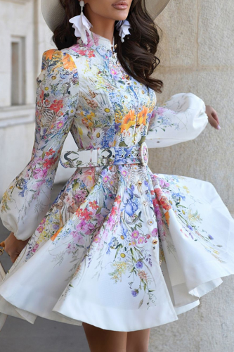 Romantic Printed Puff Sleeve Dress Stand Collar Waist-Cinched Elegant Fairy Mini Dress