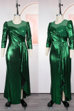 Plus Size Beaded Puff Sleeve Maxi Dress Pleated Waist Bodycon Gown