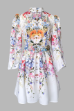 Romantic Printed Puff Sleeve Dress Stand Collar Waist-Cinched Elegant Fairy Mini Dress
