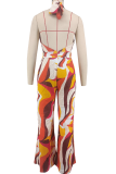 Printed Halter Plunge Jumpsuit Wide Belt Wide Leg Fashion Romper