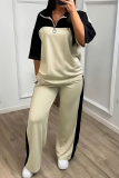 Half Zip Color Block Two Piece Set Loose Short Sleeve Wide Leg Casual Fashion Tracksuit