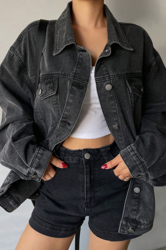 Oversized Cropped Denim Jacket Collar Button Casual Coat