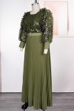 Plus Size Sequin Sheer Maxi Dress Puff Sleeve Pleated Waist Gown