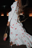 Goldfish Print Lace Collar Maxi Dress Ruffle Slit Sheer Bodycon Dress