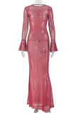 Polka Dot Sheer Maxi Dress Ruched Waist Long Sleeve Bodycon Dress
