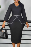 Waist Belt Ruffled Dress Contrast Trim Elegant Office Midi Dress