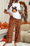 Halloween Print Tee & Leopard Pants Two Piece Set Casual Comfort Holiday Loungewear