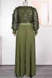 Plus Size Sequin Sheer Maxi Dress Puff Sleeve Pleated Waist Gown