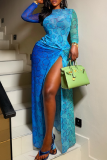 Bubble Print Sheer Maxi Dress Twist Slit Bodycon Long Sleeve Dress