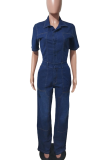 Short Sleeve Denim Jumpsuit Collared Waist Wide Leg Casual Fashion Workwear Romper