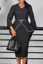 Waist Belt Ruffled Dress Contrast Trim Elegant Office Midi Dress