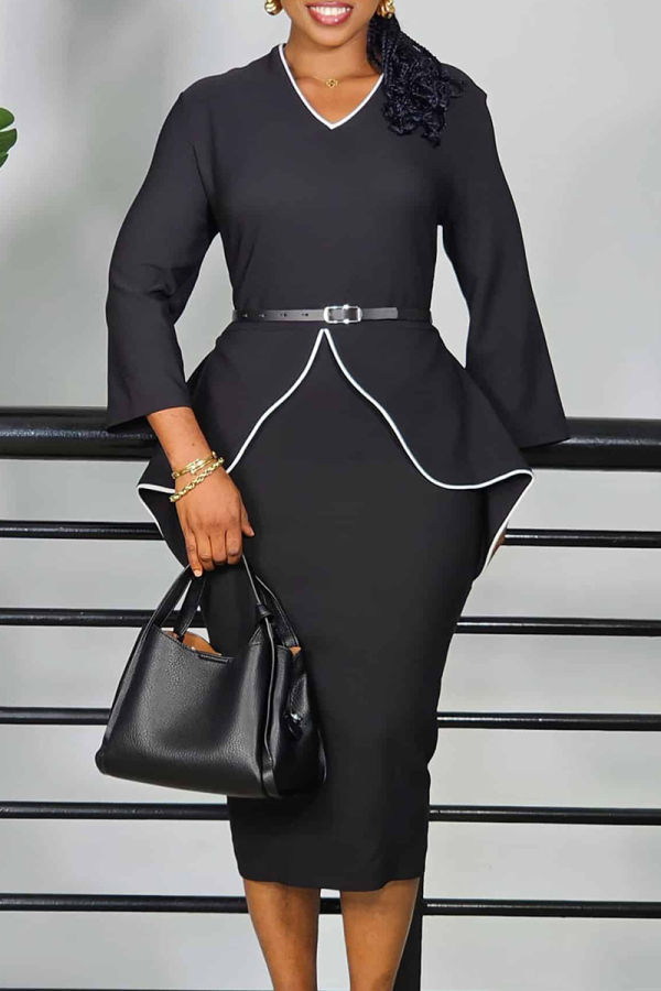 Waist Belt Ruffled Dress Contrast Trim Elegant Office Midi Dress