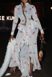 Goldfish Print Lace Collar Maxi Dress Ruffle Slit Sheer Bodycon Dress