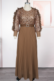 Plus Size Sequin Sheer Maxi Dress Puff Sleeve Pleated Waist Gown