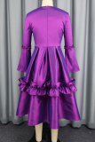 Satin 3D Flower Waist-Cinched Dress Flared Sleeve Ruffle Trim Elegant Midi Dress